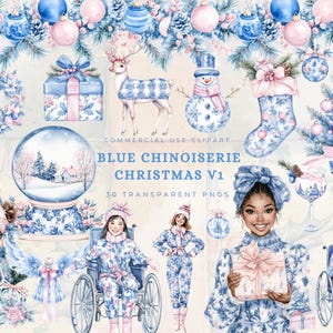 Blue Chinoiserie Christmas Clipart Digital Bundle for Planner Stickers Scrapbooking Junk Journal Holiday Decor Invite Winter Cozy Graphics