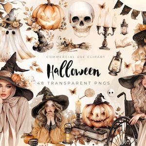Aquarell Halloween Cliparts, Beige Halloween, Hexe, Geist, Spinne, Fledermaus, Gruselige Halloween Clip Art, Süßes Halloween PNG, kommerzielle Nutzung