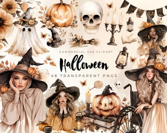 May include: A set of 48 Halloween themed digital clipart images. The images include witches, pumpkins, skulls, ghosts, candles, and other spooky elements. The images are in a watercolor style and have a vintage feel.