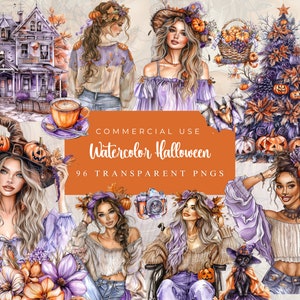 Acuarela Halloween Clipart, Beige Halloween, Bruja, Fantasma, Araña, Murciélago, Espeluznante Halloween Clip Art, Lindo Halloween PNG, Uso Comercial