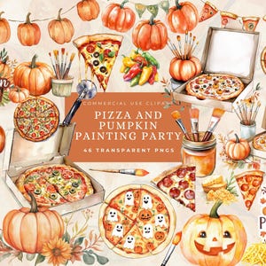 Pizza en pompoen feest uitnodiging Clipart - verjaardag schilderij Halloween PNG voor digitale uitnodiging sublimatiekaart - Carving Spooktacular Kids