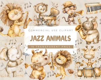 Musical Animals Clipart, Clipart watercolor musical Instruments, Band Player, Music Notes Png, Musical Safari, Birthday, Nursery Decor
