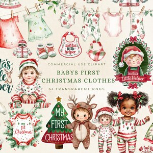Clipart aquarelle de vêtements de bébé de Noël Mon premier Noël graphiques Baby Shower inviter Sublimation Journal planificateur Père Noël ensembles gilet de bébé