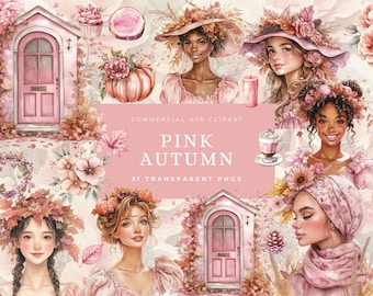Cozy Autumn Planner Clipart, Watercolor Pink Floral, Fall PNG Graphics, Boho, Fall Digital Sticker, Cottagecore, Commercial Licence