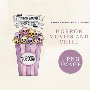 Halloween Clipart, Watercolour Halloween, Horror Movies and Chill Spooky Movie Night Popcorn Skulls Tshirt Sublimation Cricut Design PNG