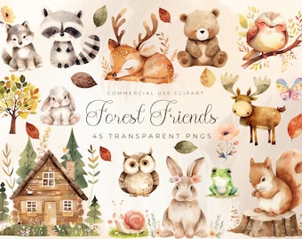 Boho Animals Clipart Watercolor, Woodland Friends, Card Making, Spring Wonderland, Nursery Forest, Baby Animals, Baby Shower, Forest