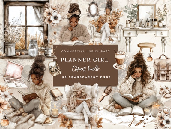 Cozy Autumn Planner Clipart, Watercolor Neutral Journaling, Fall PNG Graphics, Boho, Fall Reading, Bookworm, Cottagecore, Commercial Licence