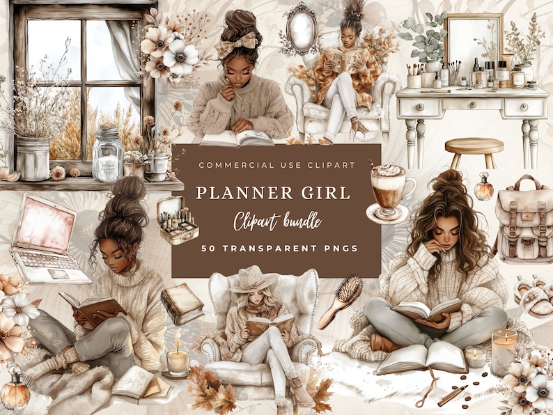 May include: A digital illustration set of a woman reading a book, a laptop, a cup of coffee, a makeup bag, a backpack, a candle, a window, a mirror, a vanity table, a stool, and flowers. The illustration is in a beige and brown colour scheme.
