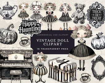 Halloween Spooky Vintage Rag Doll Clipart, Watercolor Gothic Haunted PNG Bundle Stickers Junk Journal Decor Graphics, Scrapbook Planner