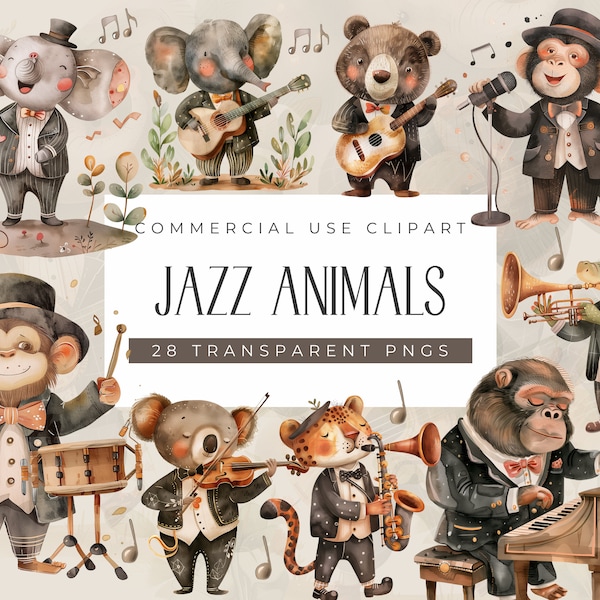 Musical Animals Clipart, Clipart watercolor musical Instruments, Band Player, Music Notes Png, Musical Safari, Birthday, Nursery Decor