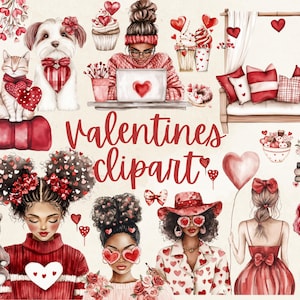 Acquerello San Valentino Planner Girl Clipart, PNG San Valentino Amore, Dolci di San Valentino, Lettura Amante dei libri Rosso e rosa Digitale