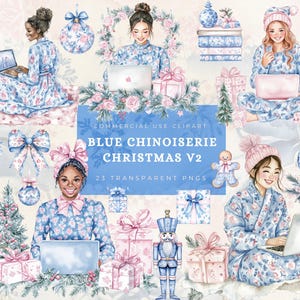 Blue Chinoiserie Christmas Clipart Digital Bundle for Planner Stickers Scrapbooking Junk Journal Holiday Decor Invite Winter Cozy Graphics