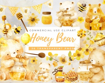 Bear and honey clipart, Bear with honey, Watercolor Honey Bee Clipart HoneyBee PNG Bumble Bee Honey Comb Bee Clipart Bee Invitation