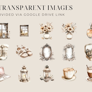May include: A set of 12 watercolour illustrations featuring cosy and stylish items, including windows, flowers, boots, slippers, mirrors, makeup, lanterns, coffee cups, and a laptop. The illustrations are in a muted colour palette of browns, creams, and whites.