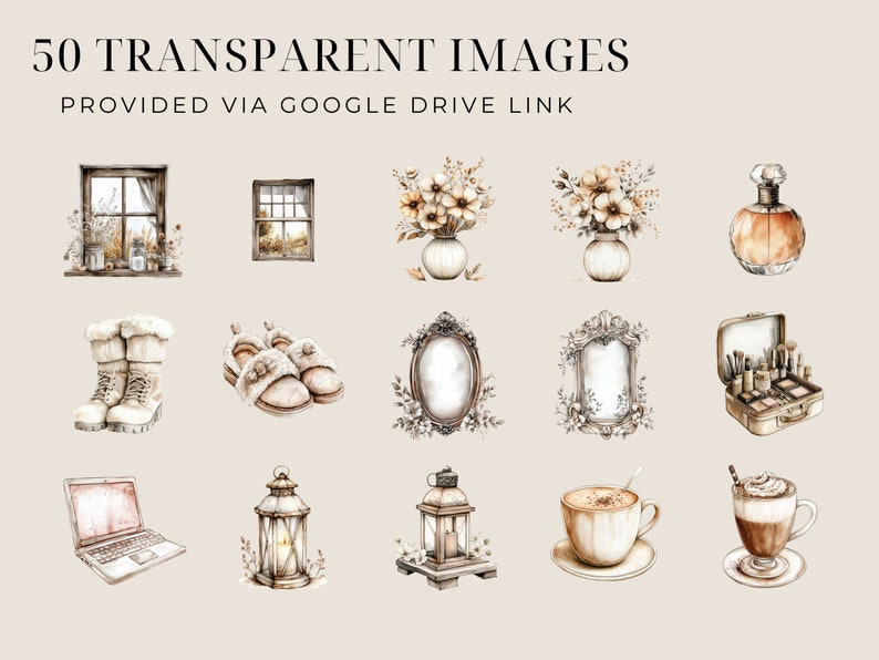 May include: A set of 12 watercolour illustrations featuring cosy and stylish items, including windows, flowers, boots, slippers, mirrors, makeup, lanterns, coffee cups, and a laptop. The illustrations are in a muted colour palette of browns, creams, and whites.