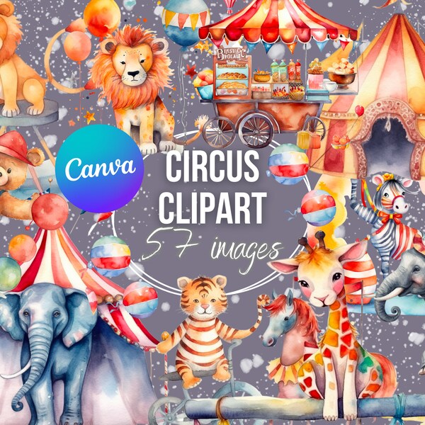 Cute Circus Animal Clipart, Circus Tent Clipart, Circus Elephant Clipart, Circus Clipart Bundle, Circus Animals Clipart Bundle For Nursery