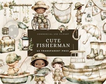 Little Fisherman Clipart, Little Boy Fishing, Printable Watercolor Clipart, Nursery Decor, Baby Shower Invite, Cute Baby, Commercial Use