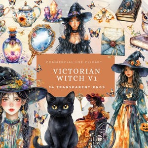 Victorian Witch Clipart, Quirky Witch PNG, Halloween Watercolor Clipart Bundle, Ghost & Bat, Spooky Cute Halloween, Commercial Use, Vintage