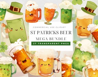 Cute St Patricks Day Clipart, Watercolor Shamrock PNG, Kawaii food, Cute Kawaii PNG, 4 Leaf Clover, Patrick day, Classroom door decor