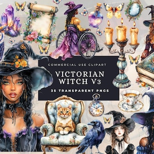 Victorian Witch Clipart, Quirky Witch PNG, Halloween Watercolor Clipart Bundle, Ghost & Bat, Spooky Cute Halloween, Commercial Use, Vintage