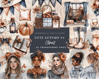 Fall Sweater Clipart, Autumn Thanksgiving, Cozy Planner Girl, Retro Coquette, Cozy Fall Clipart, Navy Floral, Halloween Clipart Invite Decor