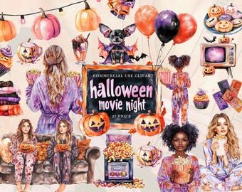 Spooky Watercolor Halloween Clipart Cute PNG Movie Night Flyer Outdoor Cinema Ticket Candy Stickers for Journal and Planner Birthday Card
