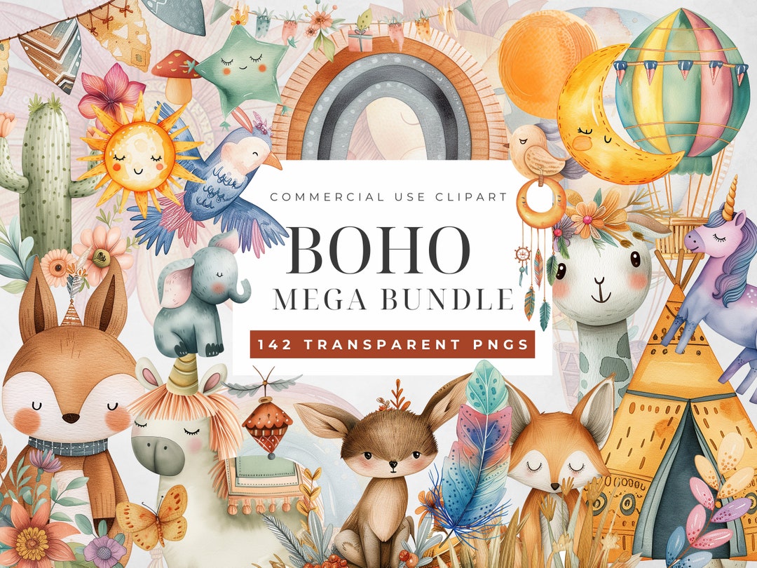 Boho Baby Watercolor Clipart, Nursery Animal Clip Art, Newborn Boho Kid ...