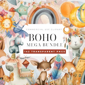 Boho Baby Aquarell Clipart, Kinderzimmer Tier Clip Art, Neugeborene Boho Kid Doodle, Babyparty PNG, Mondkind, süßes Tier, Sublimationsdesign