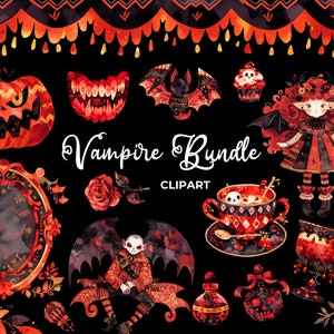 Imágenes Prediseñadas de fiesta de té de vampiro de acuarela, Descargar, Dientes de vampiro, Espeluznante, Época victoriana, Espejo, Dientes de vampiro, Caramelo, Murciélago, Cupcake de Halloween