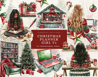 Weihnachten Planer Clipart Aufkleber Digital, gemütliches Journal Mädchen, Arbeiten, Lesen Buchliebhaber, Bücherwurm Bücherwurm für DIY Scrapbook und einladen,