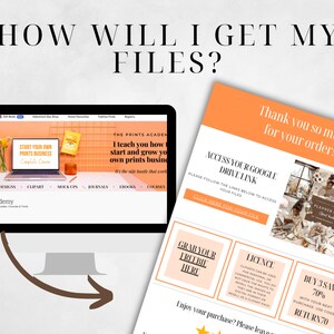 May include: A computer screen displaying a website for a print business called "Prints Academy". The website features a course called "Start Your Own Prints Business". The screen is on a desk with a cup of coffee and flowers. A pink and orange flyer with the text "Thank you so much for your order!" is next to the computer. The flyer has a button that says "Click here for your file".