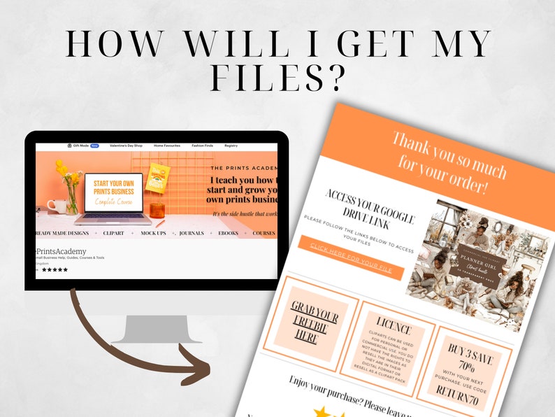 May include: A computer screen displaying a website for a print business called "Prints Academy". The website features a course called "Start Your Own Prints Business". The screen is on a desk with a cup of coffee and flowers. A pink and orange flyer with the text "Thank you so much for your order!" is next to the computer. The flyer has a button that says "Click here for your file".
