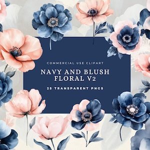 Navy and Blush Floral Clipart, Watercolor Blue and Pink Flowers, Blush Floral Wreath, Gender Reveal Clipart, Flowers PNG, Delicate Bouquets