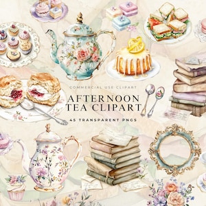 Afternoon Tea aquarel clipart, theekopje theepot cake bitterkoekjes junk Journal kortstondige digitale plakboek PNG Moederdag clipart Engelse thee