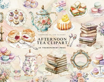 Afternoon Tea Watercolor Clipart, Teacup Teapot Cake Macaroon Junk Journal Ephemera Digital Scrapbook PNG Mother's Day Clipart English Tea