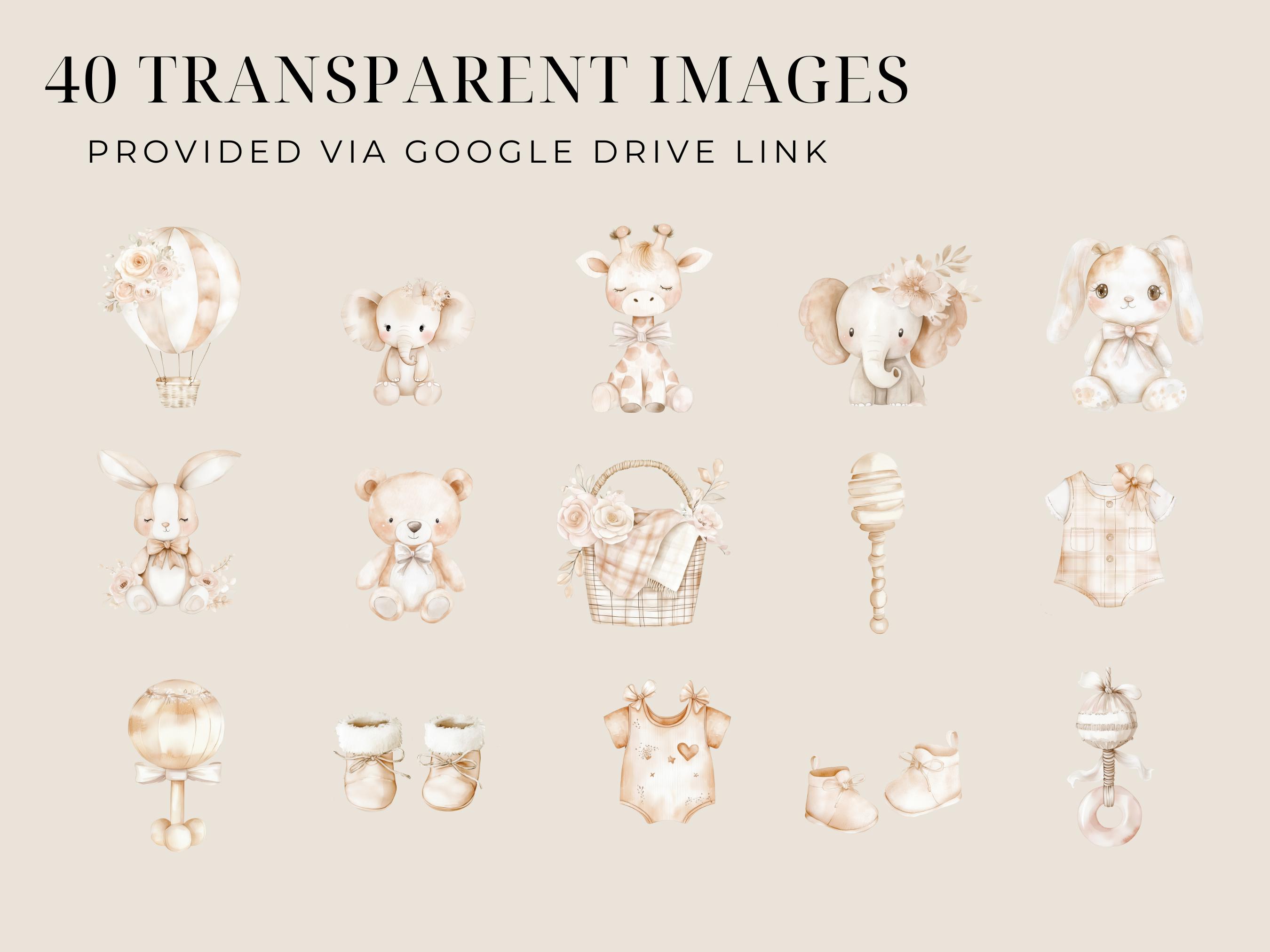 Neutral Baby Watercolor Clipart Cute Animal, Boho Baby Shower PNG Toy ...