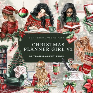 Kerstplanner clipart stickers digitaal, gezellig dagboek meisje, werken, lezen boekenliefhebber, schoolse boekenwurm voor doe-het-zelf plakboek en uitnodigen,