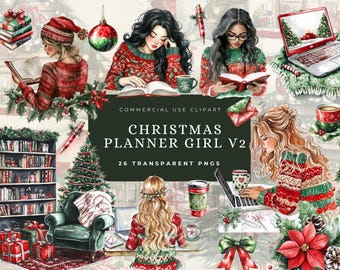 Weihnachten Planer Clipart Aufkleber Digital, gemütliches Journal Mädchen, Arbeiten, Lesen Buchliebhaber, Bücherwurm Bücherwurm für DIY Scrapbook und einladen,