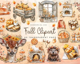 Cozy Fall Clipart Bundle, Watercolor Autumn Clipart, Warm Autumn Clipart Bundle, Sweater Umbrella Clipart, Autumn Flowers, Pumpkin Clipart