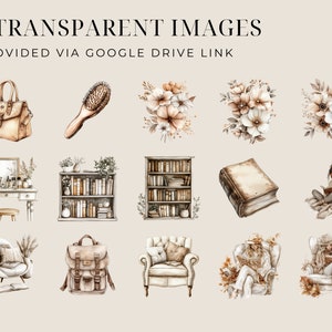 May include: A set of 50 watercolour illustrations featuring various home decor items, including a bookshelf, a vanity table, a chair, a backpack, and a handbag. The illustrations are in shades of brown and beige, with a light beige background.