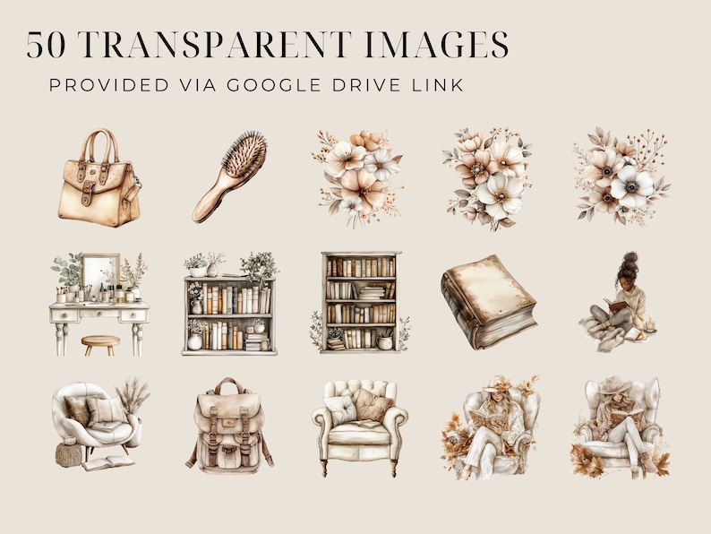 May include: A set of 50 watercolour illustrations featuring various home decor items, including a bookshelf, a vanity table, a chair, a backpack, and a handbag. The illustrations are in shades of brown and beige, with a light beige background.