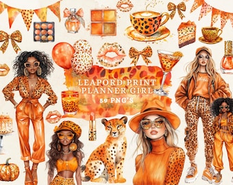 Glam Leopard Print Clipart Glitter Watercolor Glamorous Planner Girl, Fierce Preppy Journal Sublimation Sticker Junk Journal Birthday Invite