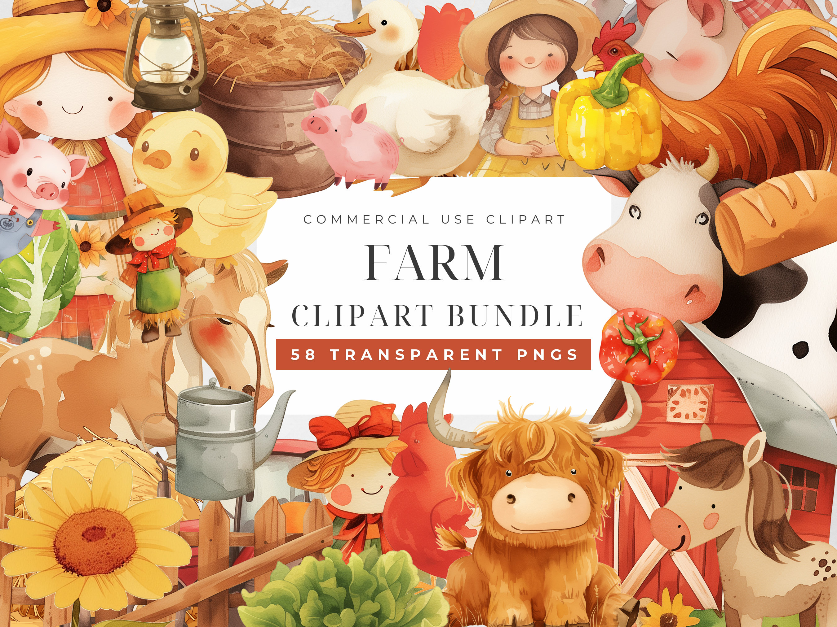 Clipart de fazenda fofo, animais de fazenda em aquarela digital, clipart de crianças de fazenda fofos, no pacote da fazenda, animais de fazenda engraçados, aniversário de fazenda, fazenda png
