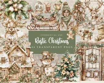 Clipart de planejador aconchegante, pacote de clipart de Natal rústico aconchegante em aquarela, clipart de leitor ávido, PNG de diário, amante de livros, planejador Boho, Papai Noel