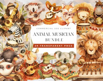 Musical Animals Clipart, Clipart watercolor musical Instruments, Band Player, Music Notes Png, Musical Safari, Birthday, Nursery Decor