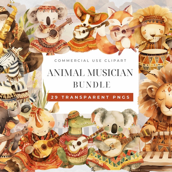Musical Animals Clipart, Clipart watercolor musical Instruments, Band Player, Music Notes Png, Musical Safari, Birthday, Nursery Decor