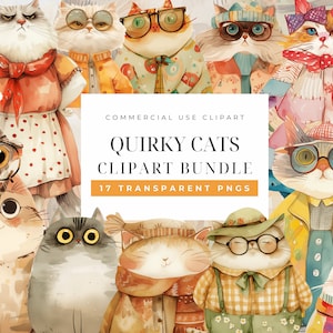 Quirky animal clipart, Watercolor quirky dogs, cute cats, funny cat clipart, Commercial Use, Cat, Junk Journal, Whimsical Elements