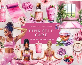 Watercolor Pink Yoga Lover Clipart Bundle, Meditation Clip Art, Self Care PNG, Relaxation, Fitness Digital Download Stickers, Commercial Use