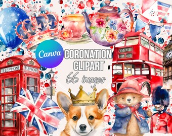 Coronation Clipart Bundle, Kings Coronation, London Clipart Bundle, Watercolor Corgi Prints, Afternoon Tea British Sublimation, Printing