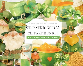 Cute St Patricks Day Clipart, Watercolor Shamrock PNG, Leprechaun, 4 Leaf Clover, Patrick day Gnomes clipart, Lucky charm clipart png